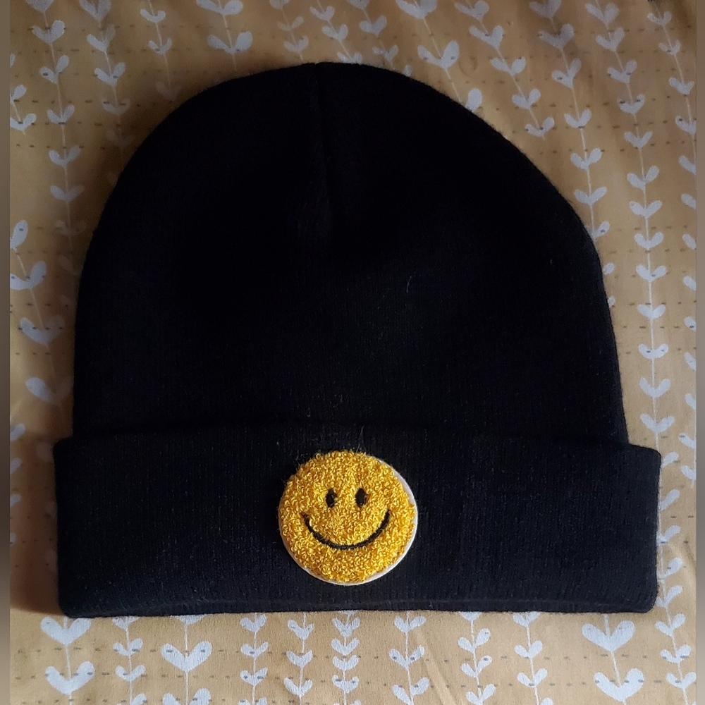 Black Beanie with Smiley Patch